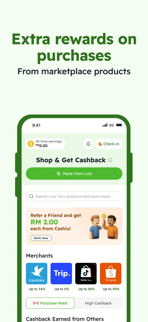 Cashiu shopping screen with cashback merchants and purchase-link entry
