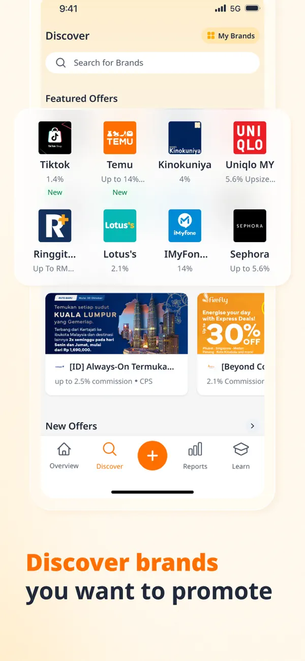 Involve Asia discovery screen with featured brands and affiliate offers